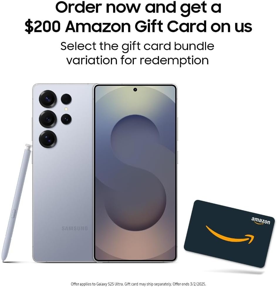SAMSUNG Galaxy S25 Ultra Cell Phone + $200 Amazon Gift Card, 256GB AI Smartphone, Unlocked Android, 200MP AI Camera, S Pen, Fast Processor, Long Battery Life, 2025, Titanium Silverblue