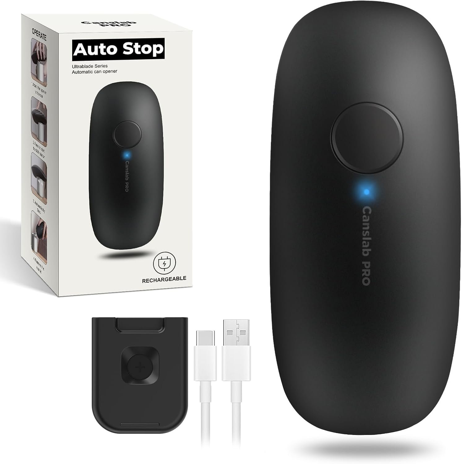 Ultrablade PRO Auto Stop Can Opener - Rechargeable Electric Can Opener for Kitchen for Seniors with Arthritis - One Touch Side Cut Opener, Smooth Edge, Handfree, Wall Mounted Small Size, Black