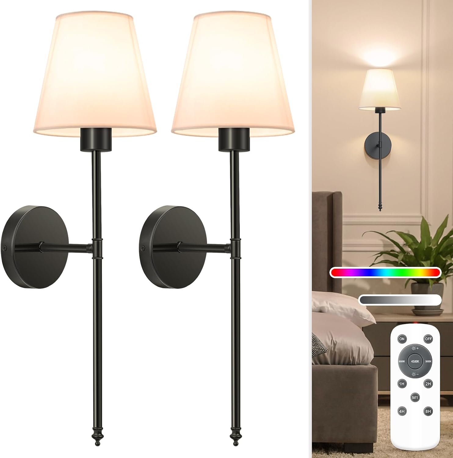 NIORSUN Battery Operated Wall Sconce Set of 2,Black Rechargeable Wall Lights with 5200mAh Dimmable Detachable Bulbs and Remote, 10 Colors Wireless Wall Lamps for Bedroom Living Room Hallway