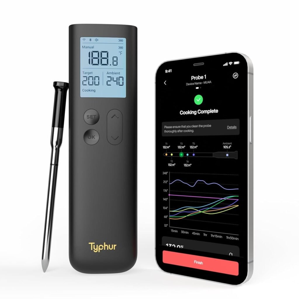 Sync Wireless Bluetooth Smart Meat Thermometer with WiFi | Standalone Base and Control | Unlimited Range | Enhanced 10X Signal for Improved Stability | NIST Certified Accuracy | BBQ Oven Smoker Grill