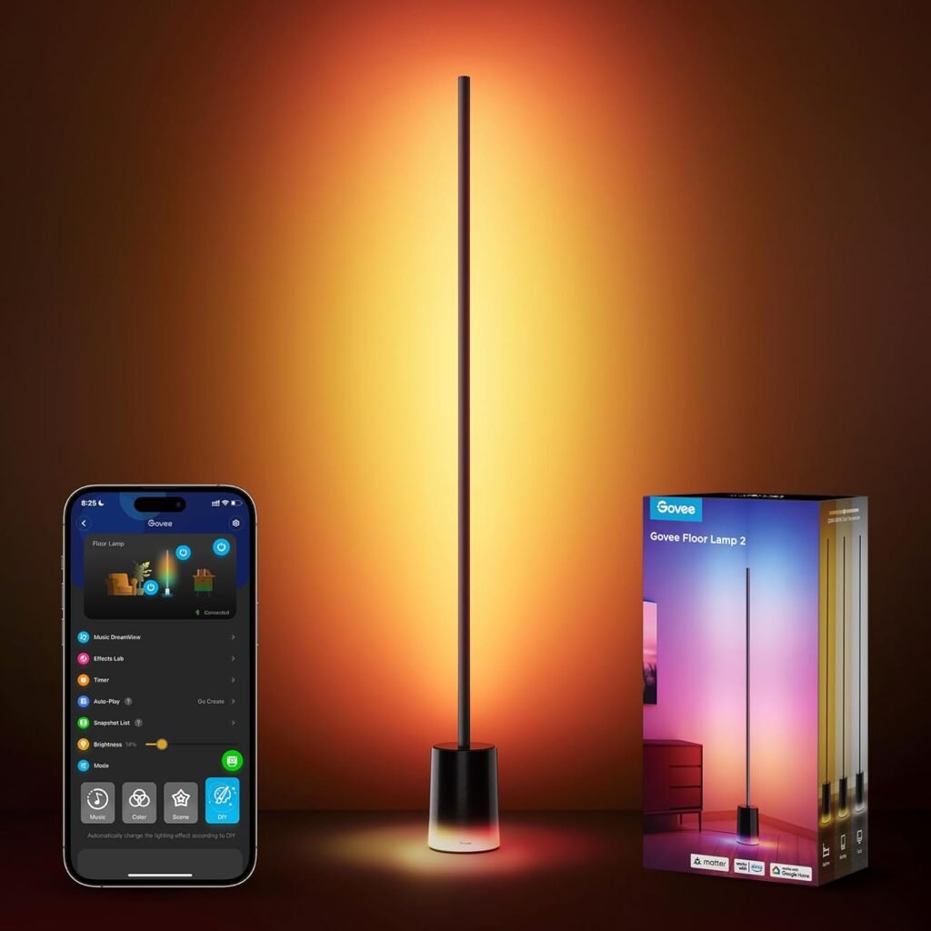 Govee Floor Lamp 2 with Matter, RGBIC Warm Cool White LED Floor Lamp Works with Alexa, 1725lm Corner Floor Lamp with Music Sync, Scene Modes, Smart Floor Lamp for Bedroom, Living Room, Black(1 Pack)