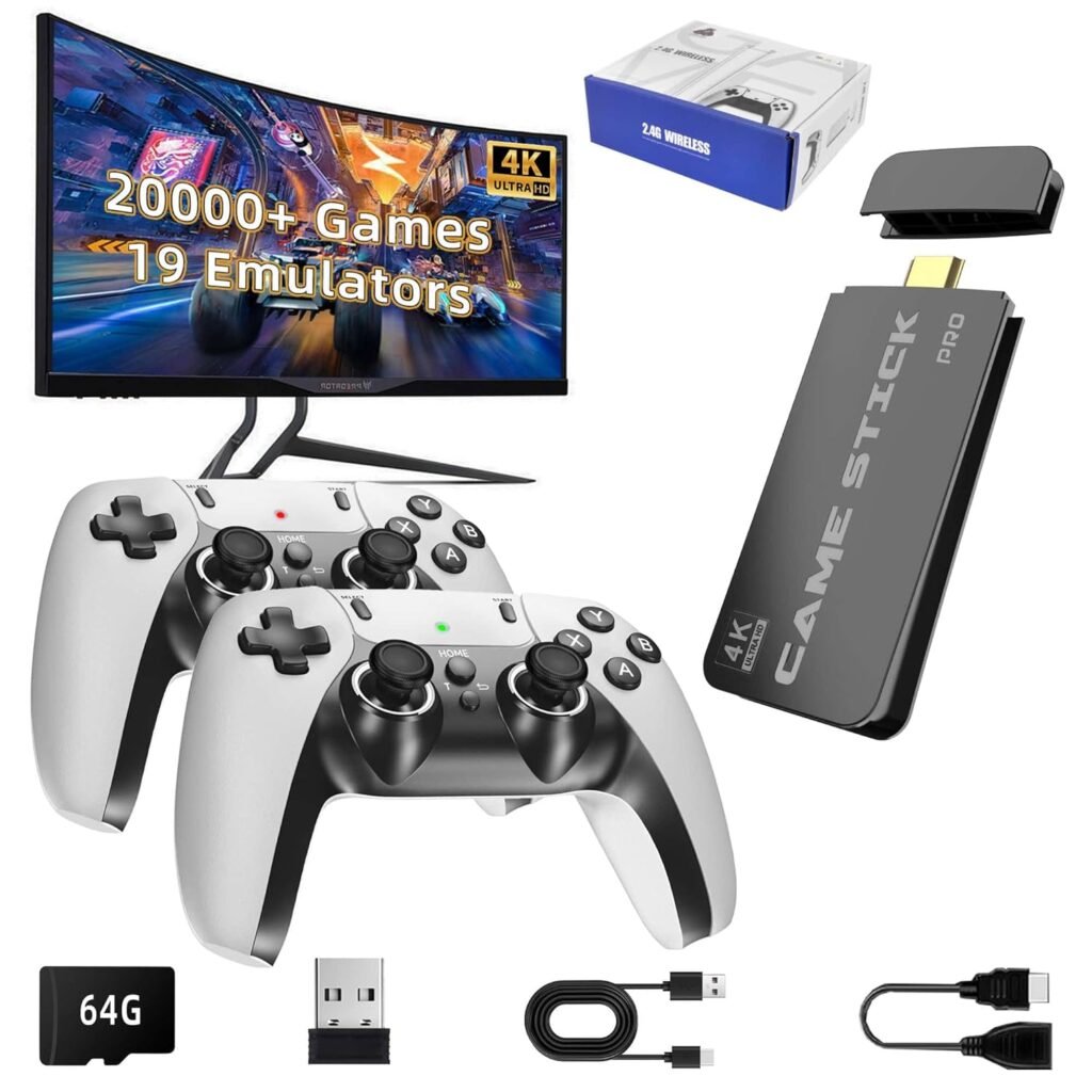 BADGOAL 2025 Upgrades Retro Game Console Stick, Nostalgia Gaming Stick, Over 20,000 Games and 19 Emulators, Upgraded Dual 2.4G Wireless Controllers, Plug & Play TV Video Gaming Stick with 64GB Memory