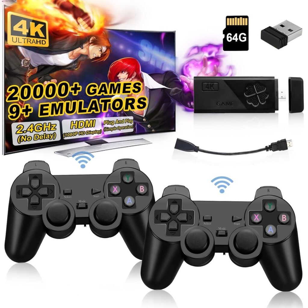 Wireless Retro Game Console Stick, Upgrade Retro Video Gaming Stick Built in 20000+ Games with 9 Emulators,4K HDMI Output with 2 Pack 2.4G Wireless Controllers，Game Emulator Console 2024（64GB） Black