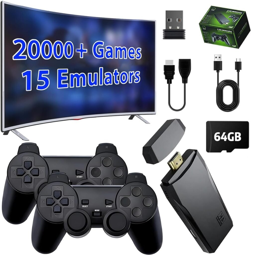 Upgrade Wireless Retro Game Console Stick, ZeroStory Retro Video Game Console Stick Built in 20000+ Games with 15 Emulators, 4K HDMI Output with 2 2.4G Wireless Controllers (64GB Memory Card)