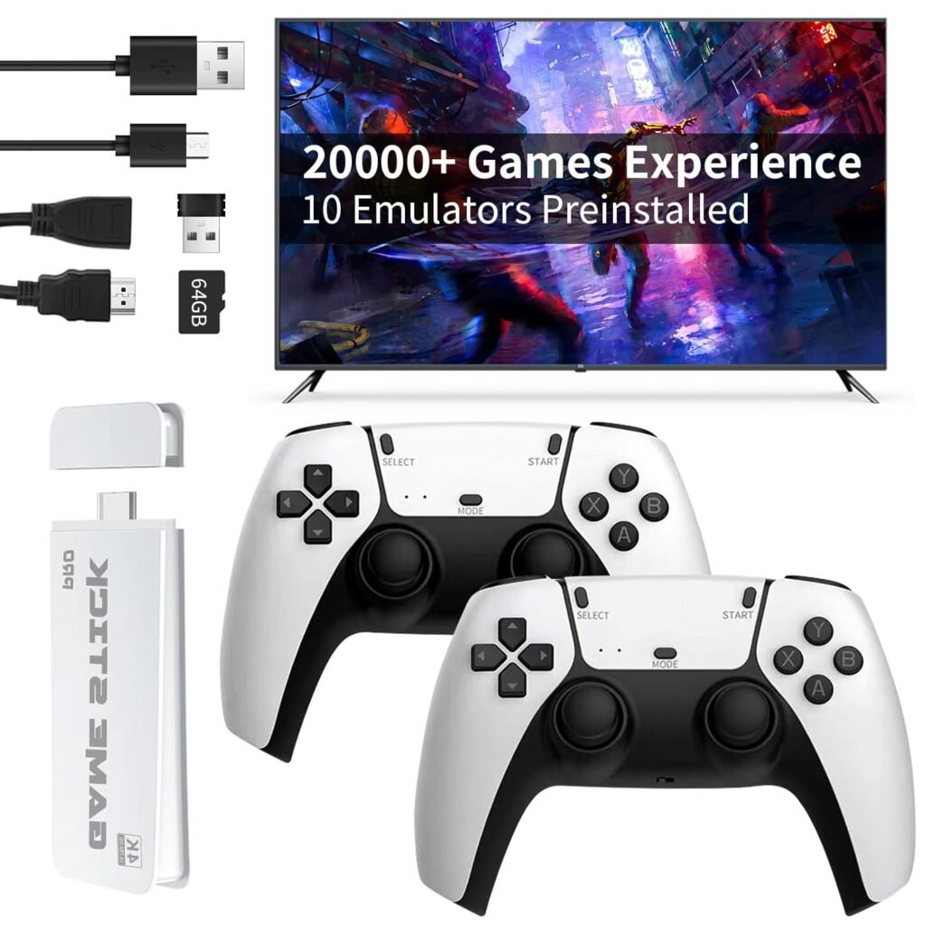 Retro Game Stick, Wireless Retro Game Console, Game Stick With Built-in 20000+ Classic Games, Retro Gaming Console with 64GB TF Card, 4K, HDMI Output, Game Console with Dual 2.4G Wireless Controllers